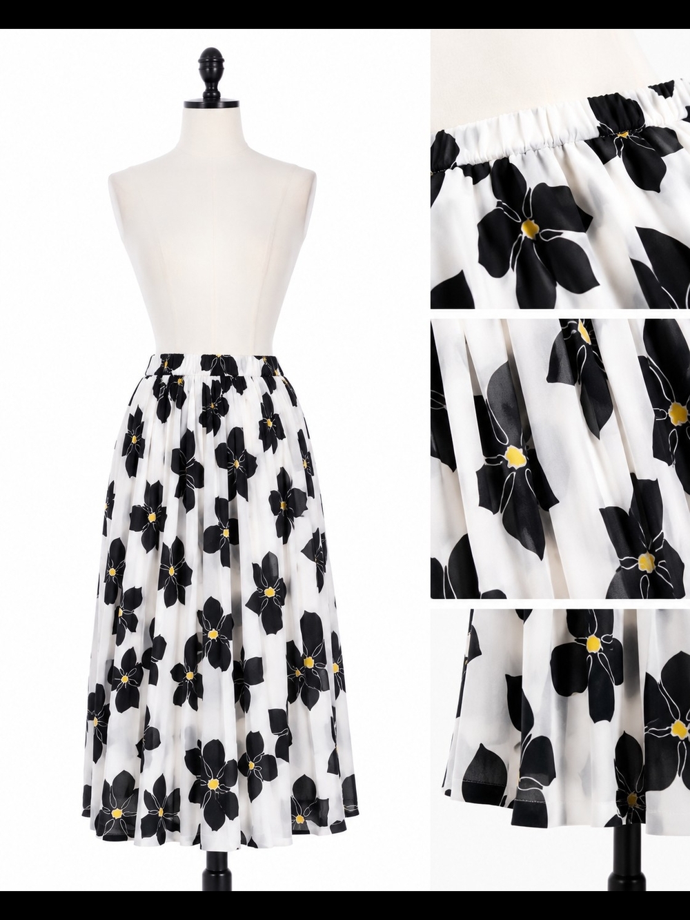 Floral Pleated Midi Skirt - White/Black